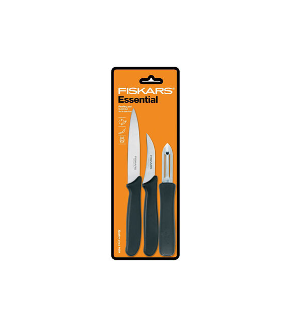 Essential Sada na loupání - nůž loupací 7 cm, nůž okrajovací 11 cm, škrabka na zeleninu FISKARS 1024