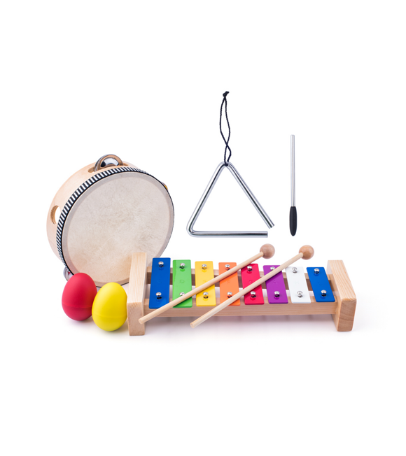 Muzikální set (xylofon, tamburína/bubínek, triangl, 2 maracas vajíčka) Woody 102191893
